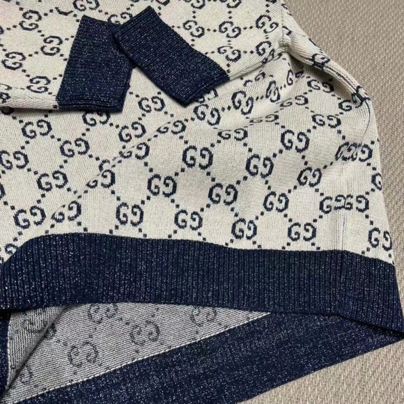 New Gucci 2025 GG monogram metallic Ivory and blue GG lamé jacquard knit top S - Picture 6 of 6